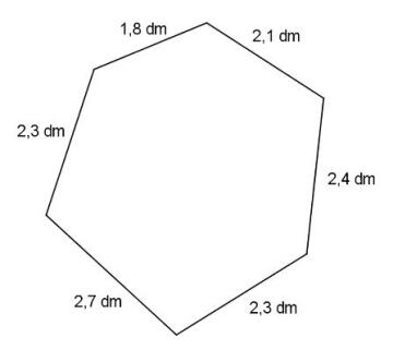 Sekskant med følgende sidelengder: 1,8 dm, 2,1 dm, 2,4 dm, 2,3 dm, 2,7 dm og 2,3 dm